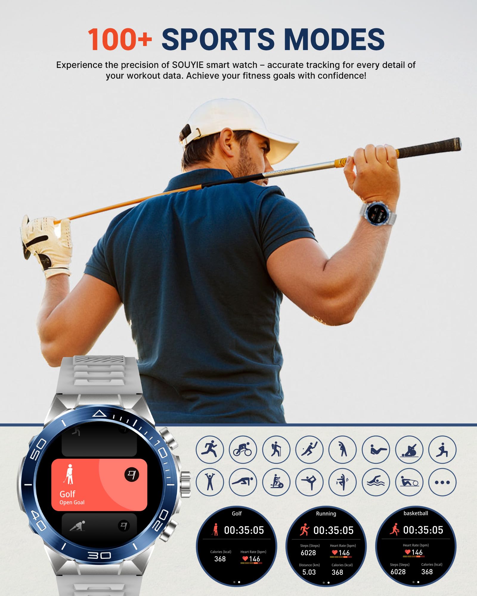 Smart Watch for Men (Answer/Make Call),1.43''AMOLED Screen with 24 Hours Healthy Monitor, 100+ Sports Modes Fitness Tracker Watch, 400mAh Battery Pedometer Calorie Smartwatch Compatible Android iOS