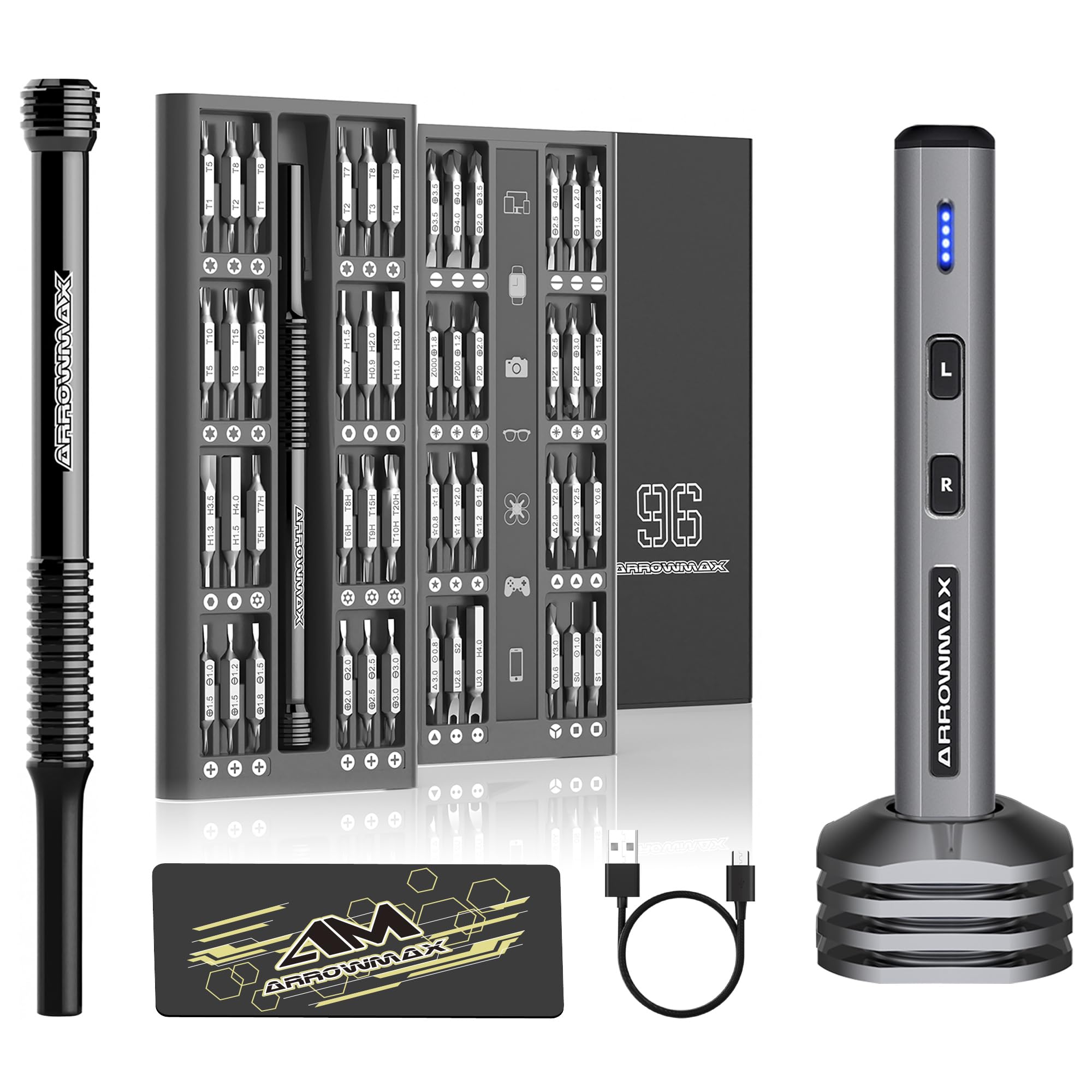 AM ARROWMAX Electric Screwdriver, 102 in 1 Precision Screwdriver Set w/ 96 Magnetic Bits, Red Dot, IF Winning Design, Rechargeable Mini Cordless Screwdriver for Phone, Watch, RC (SES MINI PLUS) Grey