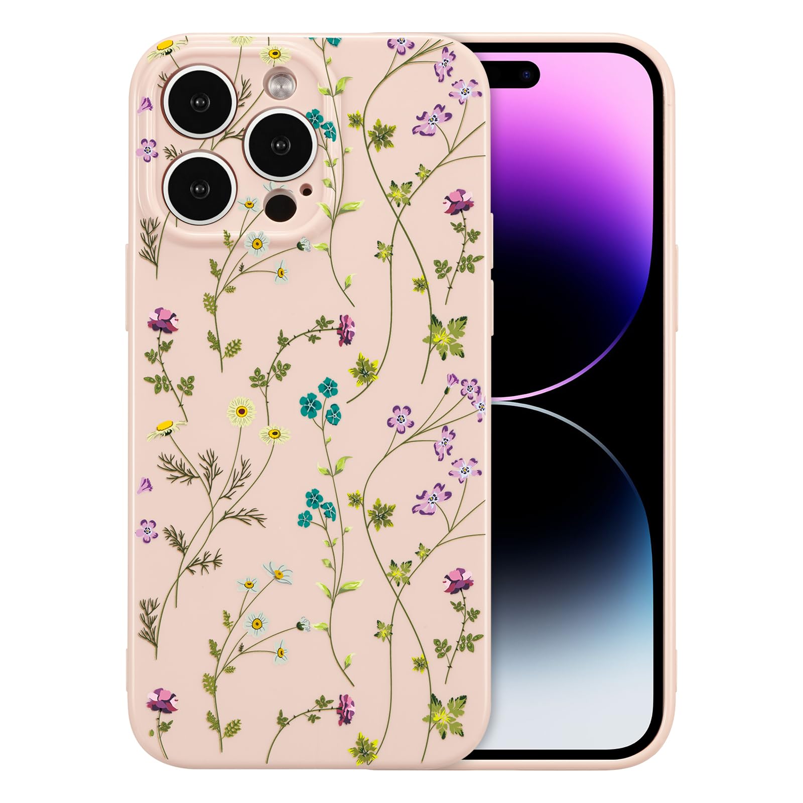 RALEAVO Flower Case for iPhone 13 Pro (6.1”), Girls Floral Silicone Shockproof Case Cover with Cute Patterns Protective Case for iPhone 13 Pro-Pink — image 1