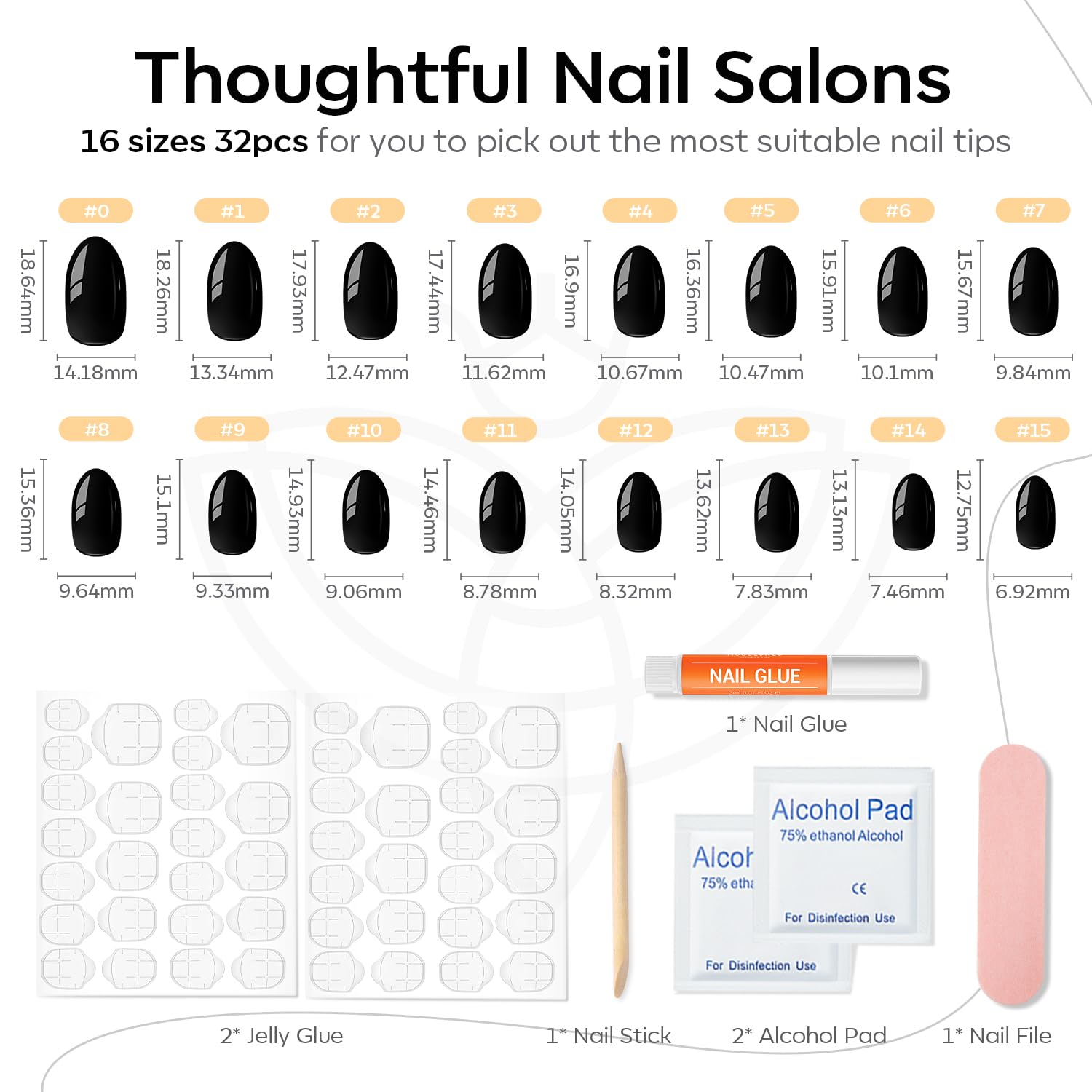 modelones Short Press on Nails, 32Pcs 16 Sizes Oval Fake Nails Kit Press Ons with Nail Glue, Adhesive Tabs, Nail File, Prep Pad, Manicure Stick, Classic Black - Image 5