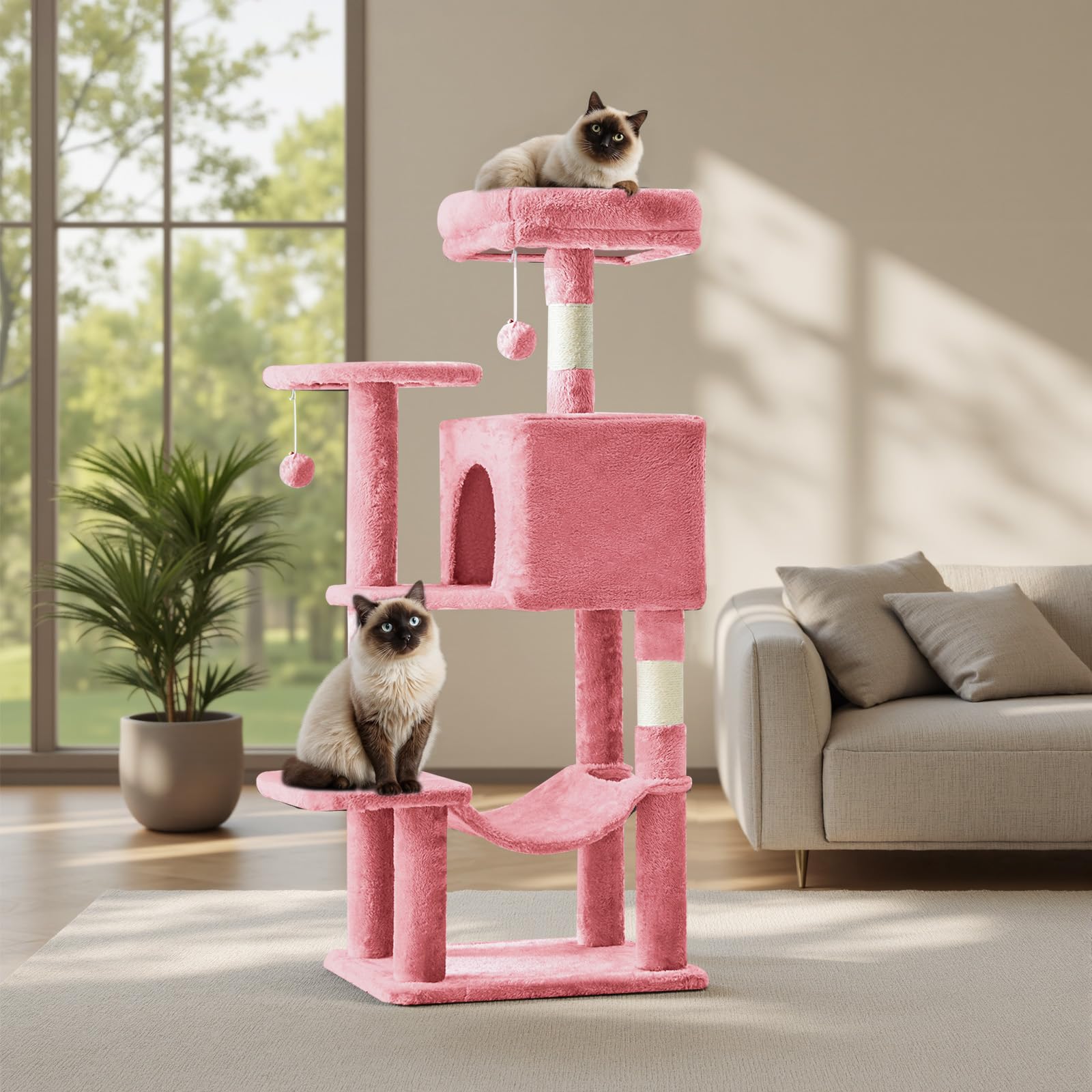 Sweetcrispy 44 Inch Cat Tree Tower, Cat Climbing Tower with Natural Sisal Scratching Posts, Hammock, Pet Condo for Indoor Cats and Kittens Play, Pink Image