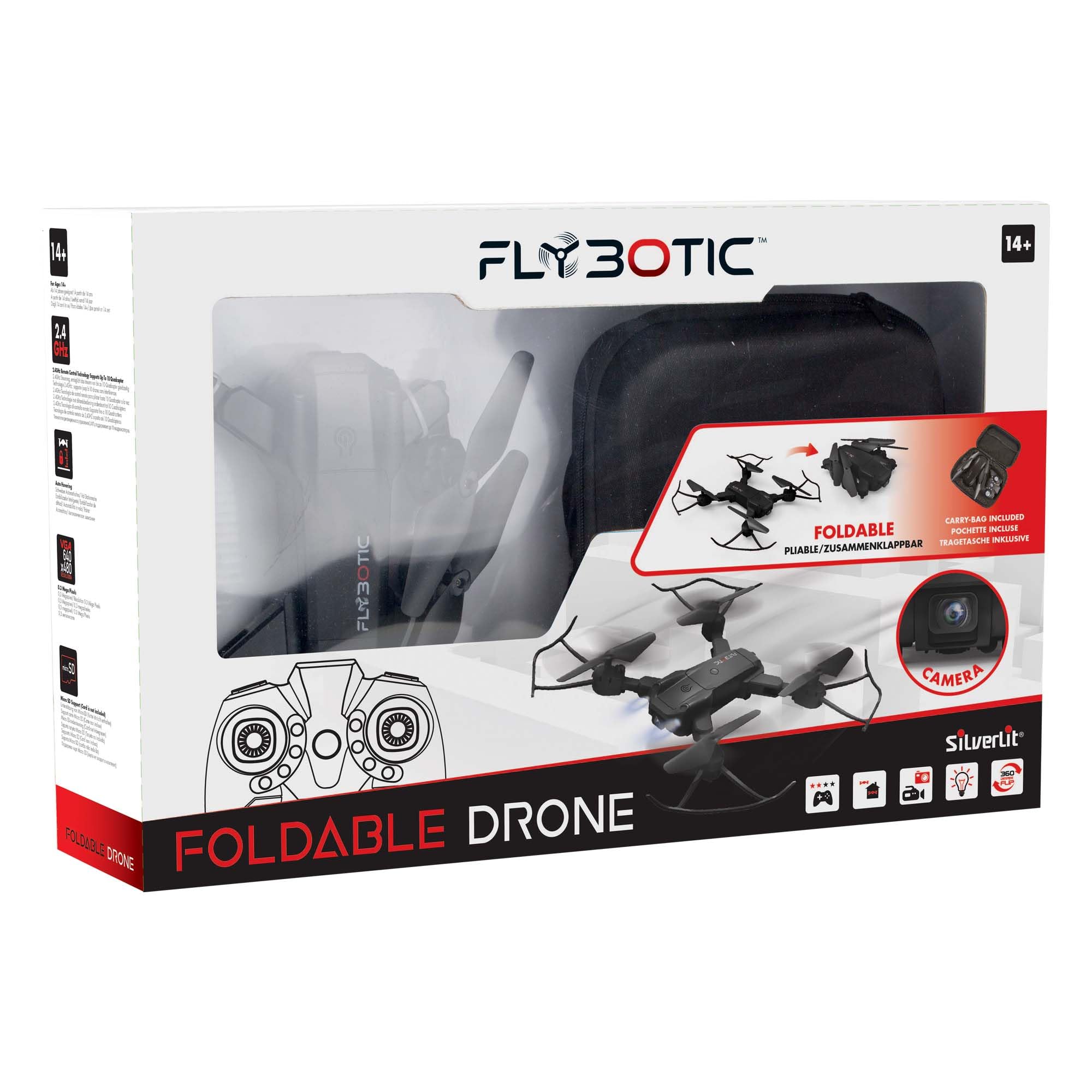FLYBOTIC Silverlit Foldable Drone, Adjustable Camera, Auto Take-off, Hovering and Landing, Night Mode with LED Lights, Includes Carry Bag, Ages 14+