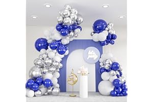 ZIZASARY 136pcs Blue White Silver Balloon Garland Kit - 18/12/10/5 Inch Royal Blue, Silver Confetti Balloon Arch for New Year, Graduation, Birthday, Father’s Day Decor