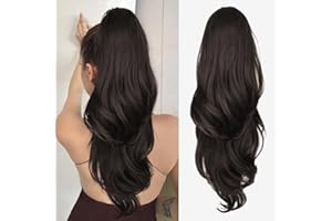 CHRSHN Ponytail Extension, Drawstring Ponytail Extension for Women 26 Inch Long Dark Brown Wavy Layered Pony Tails Hair Extensions Synthetic Clip in Ponytail Hairpiece for Women