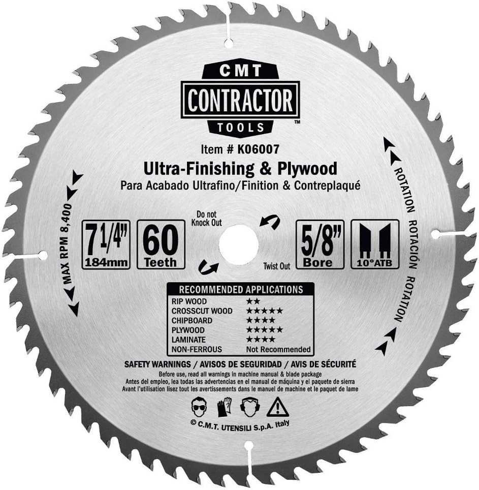 CMT K06007 ITK Contractor Ultra Finish Saw Blade, 7-1/4 x 60 Teeth, 10° ATB with 5/8-Inch<> bore