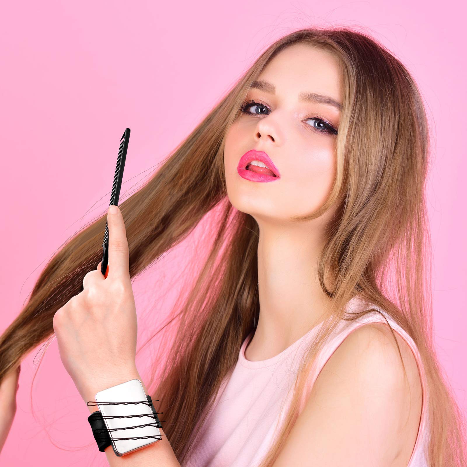 Magnetic Silicone Wrist Strap Bracelet Magnetic Bobby Pin Hair Clips Bracelet Magnetic Wrist Sewing Pincushion with 2 Hair Parting Comb, 72 Pieces Hairpins for Quilting Sewing Pin Hair Clip (Black)