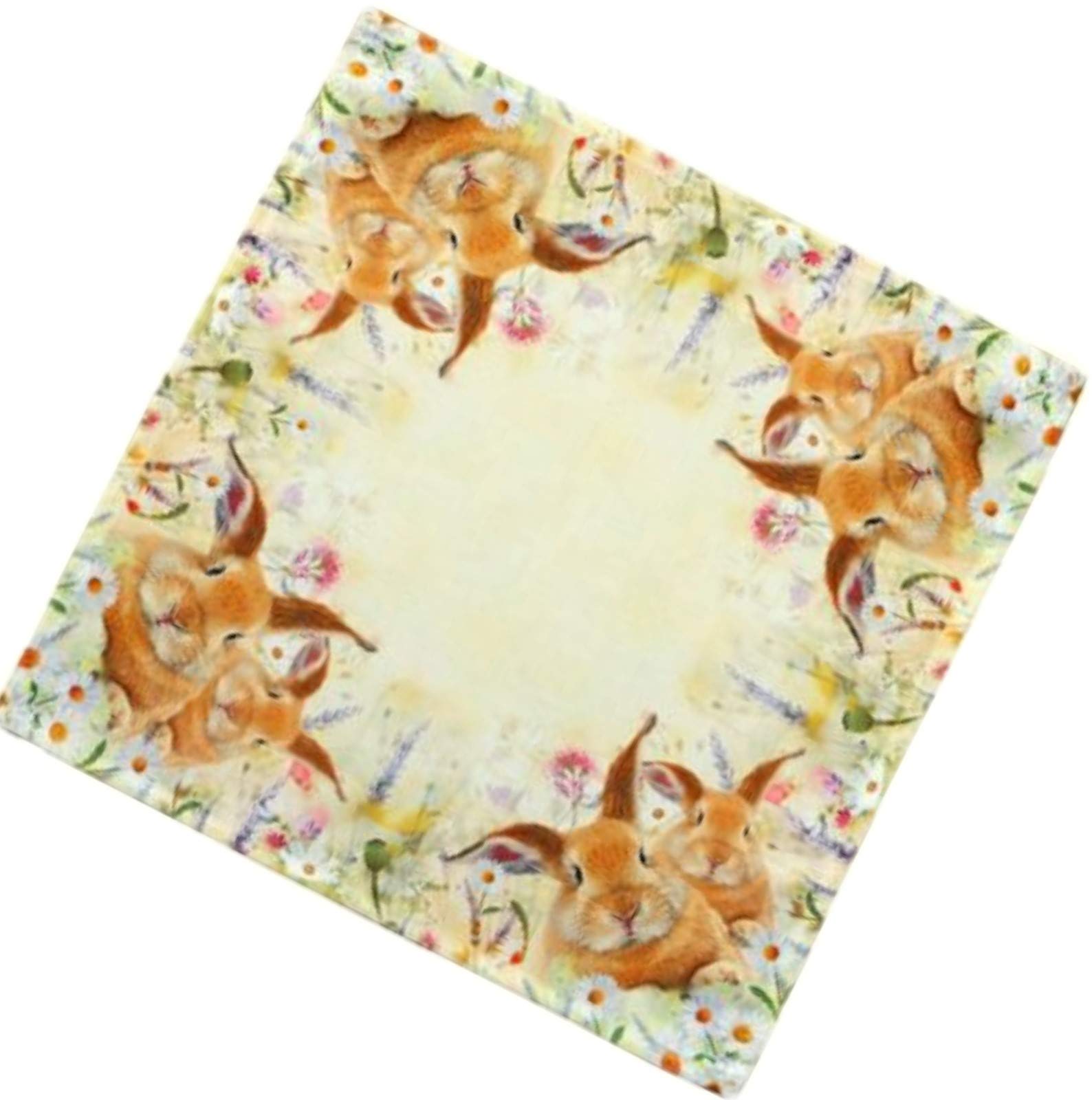 Raebel Tablecloth - Light Yellow / Colourful Embroidery Print Rabbits on Spring Meadow Easter (110 x 110 cm)