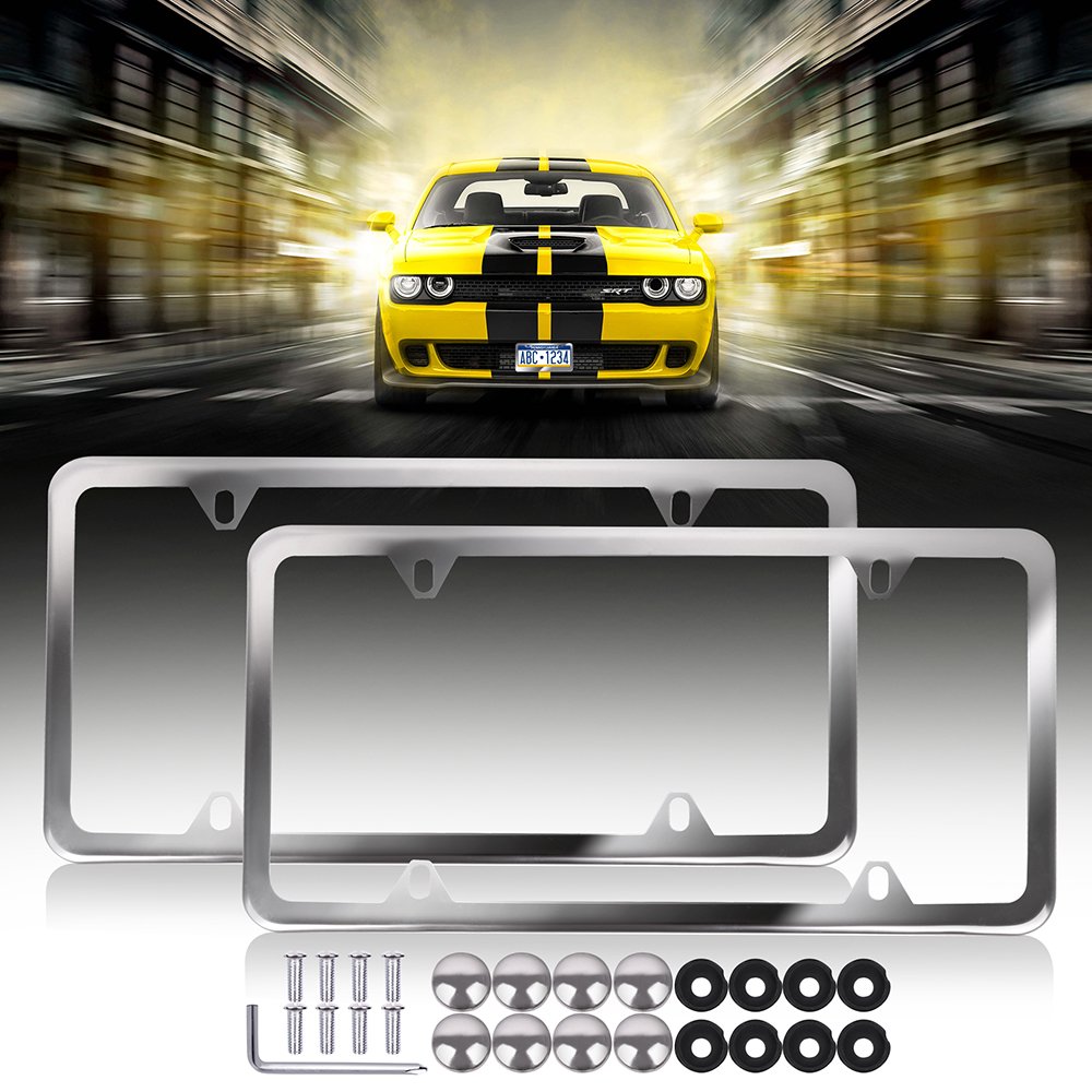 Stainless Steel License Plate Frame Car Licence Plate Covers Silver 2 PCS 4 Holes with Bolts Washer Caps for US Standard