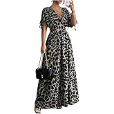 OYOANGLE Women's Summer Casual Bohemian Leopard Print Short Sleeve V Neck Cheetah Long Maxi Dress