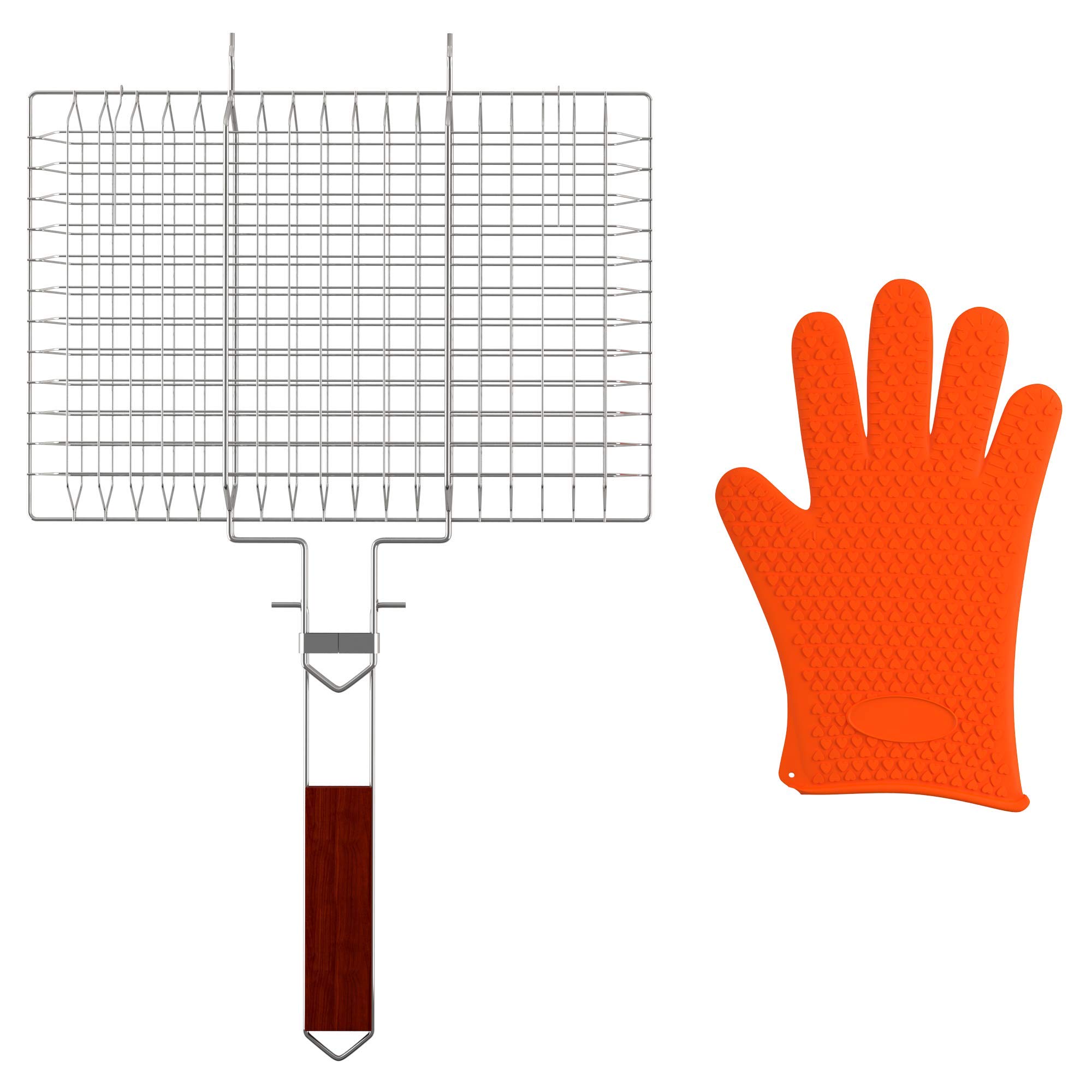 Ezi – Grill BBQ Grilling Basket Large Portable Heavy Duty Non Stick Stainless Steel Rack – Comes with Bonus Heat Resistant Glove