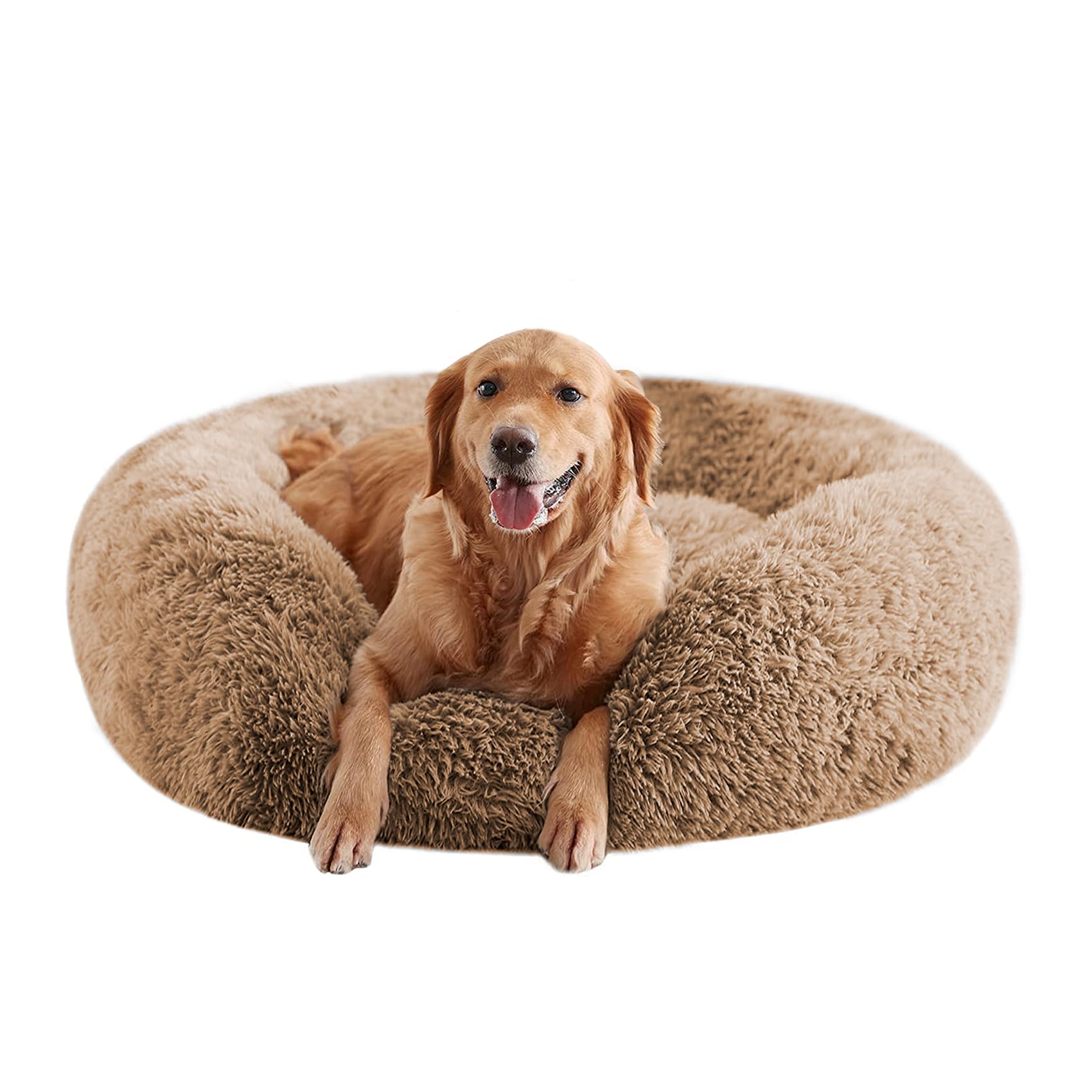Photo 1 of URGVANZ PET Calming Dog Beds for Large Dogs, Faux Fur Donut Cuddler Dog Bed, Round Fluffy Pillow, Washable Pet Bed for Dogs Up to 80Lbs, 36inch