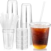 RMERVE 50 Sets Plastic Cups with Lids and Straws,Disposable Plastic Iced Coffee Cup for party Beverage, Disposable Drinking PET Cups for Coffee Cold Drinks Juice Smoothie Christmas (Clear, 16 oz)