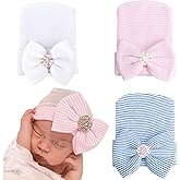 AQOKKA Newborn Baby Girl Hats with Bow No Scratch Cotton Toddler Infant Beanie Caps Soft Newborn Hospital Hat 0-3 Months