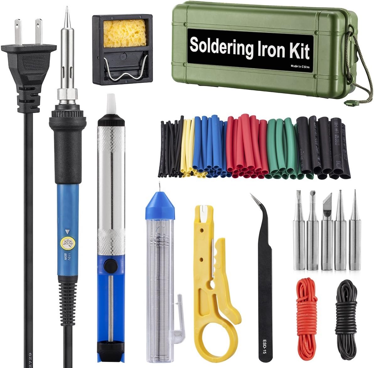 Soldering Iron Kit Electronics, 60W Adjustable Temperature Welding Tool, 5pcs Soldering Tips, Desoldering Pump, Soldering Iron Stand, Tweezers,Heat Shrink Tubing (Green)
