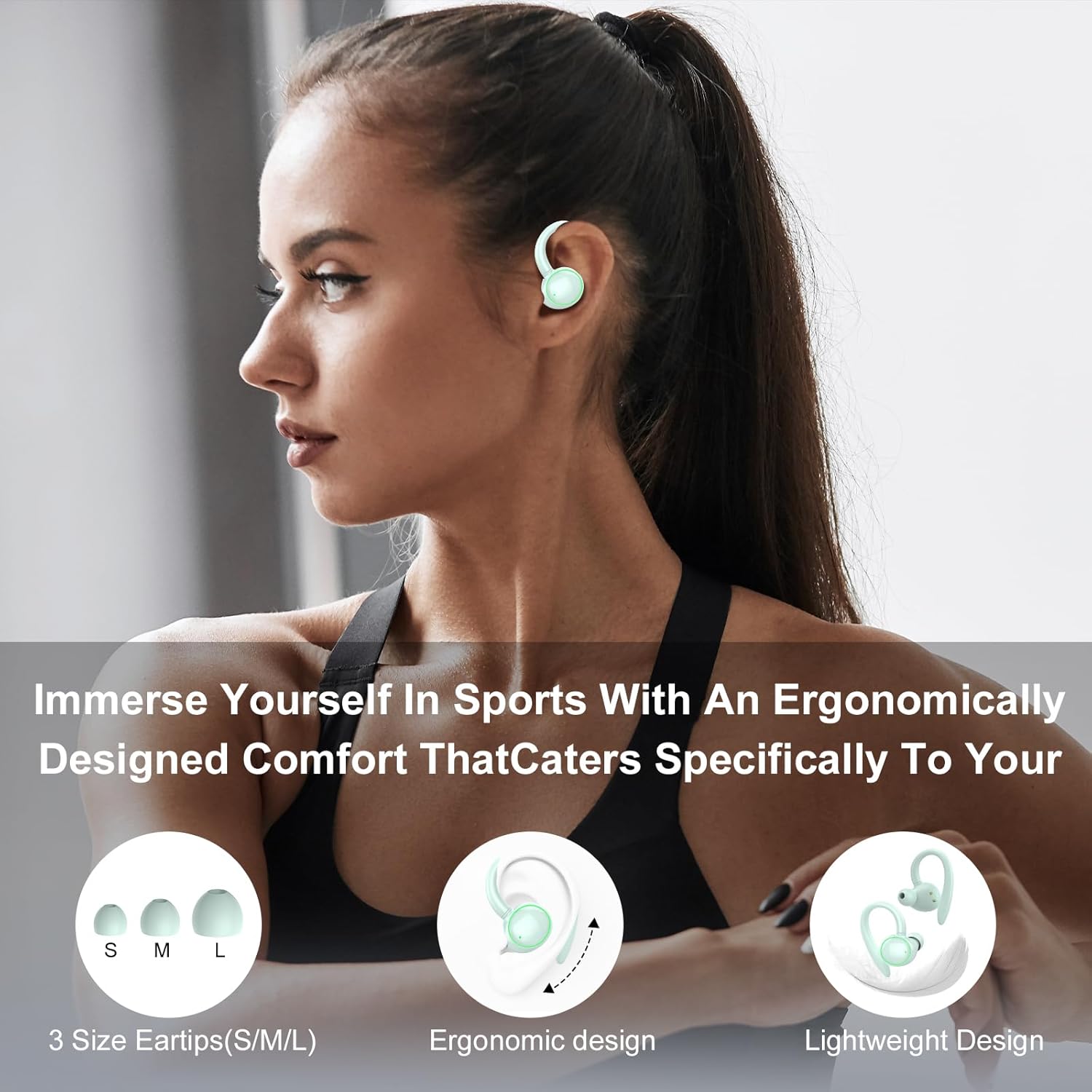 Woman wearing PEFUPEW C6 earbuds during exercise, showing ergonomic fit