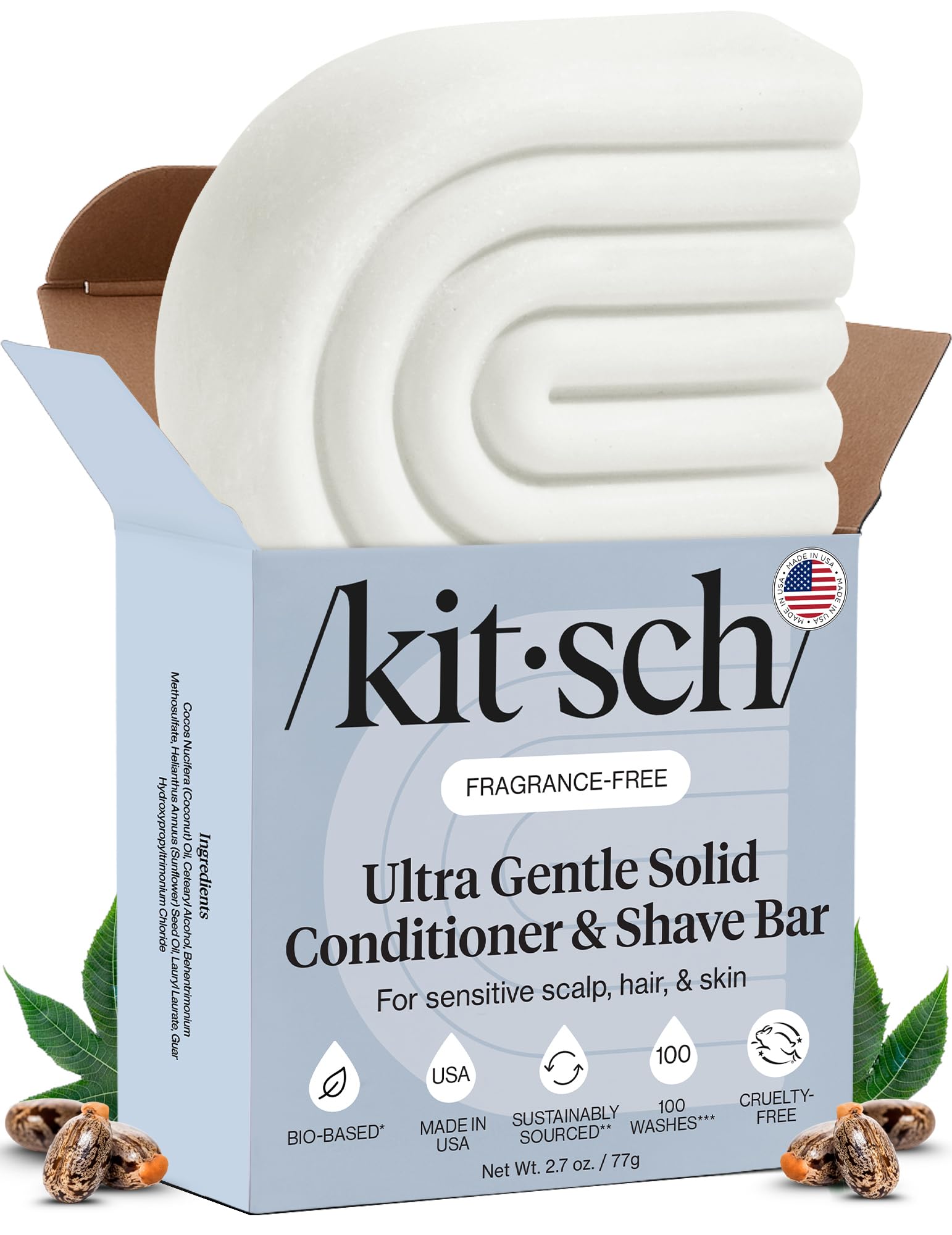 Kitsch 2-in-1 Solid Hair Conditioner & Shave Bar - Ultra-Sensitive & Natural Shave Soap for Women | Made in the US | Fragrance-Free for Sensitive Skin | Zero Waste, 2.7oz