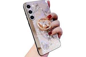 AULZAJU Samsung Galaxy A14 5G Case for Women, Cute Butterfly Flower Design, Bling Diamond Pearl, Ring Kickstand, Soft TPU Bumper, Pink