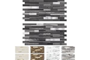 Yipscazo 20 Sheets Peel and Stick Stone Metal Backsplash, PVC Wall Tiles Stick on Tiles for Backsplash Kitchen, Bathroom, Laundry Room, Camper, Fireplace (6'' X 12'', Black Wood)