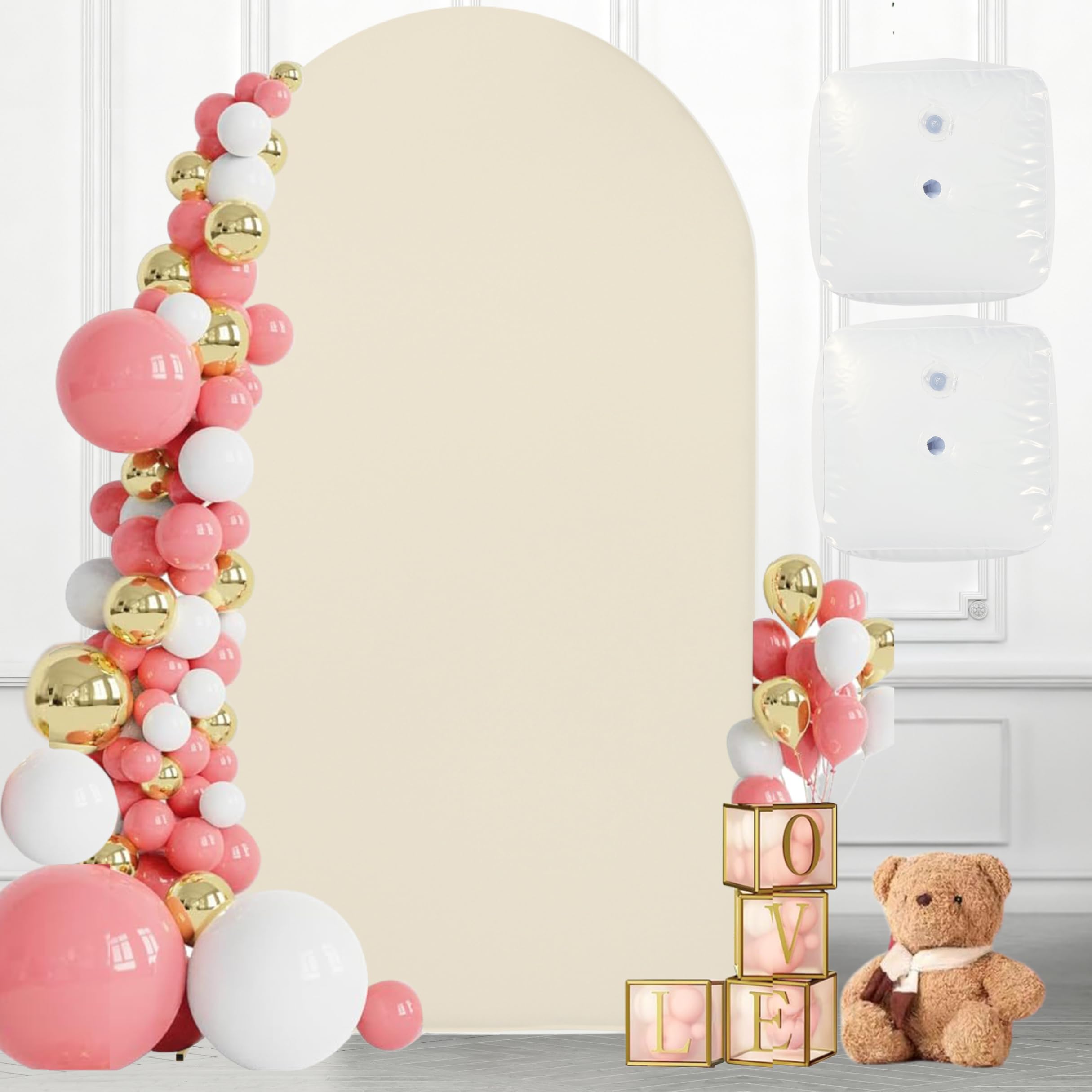 Photo 1 of Eco Joy 7.2 FT Wedding Arch Backdrop Stand and Cover Set | Metal Backdrop Arch Stand, Balloon Stand, Water Bags | Party, Bridal Show, Birthday, Baby Shower Decorations (Beige Cover)