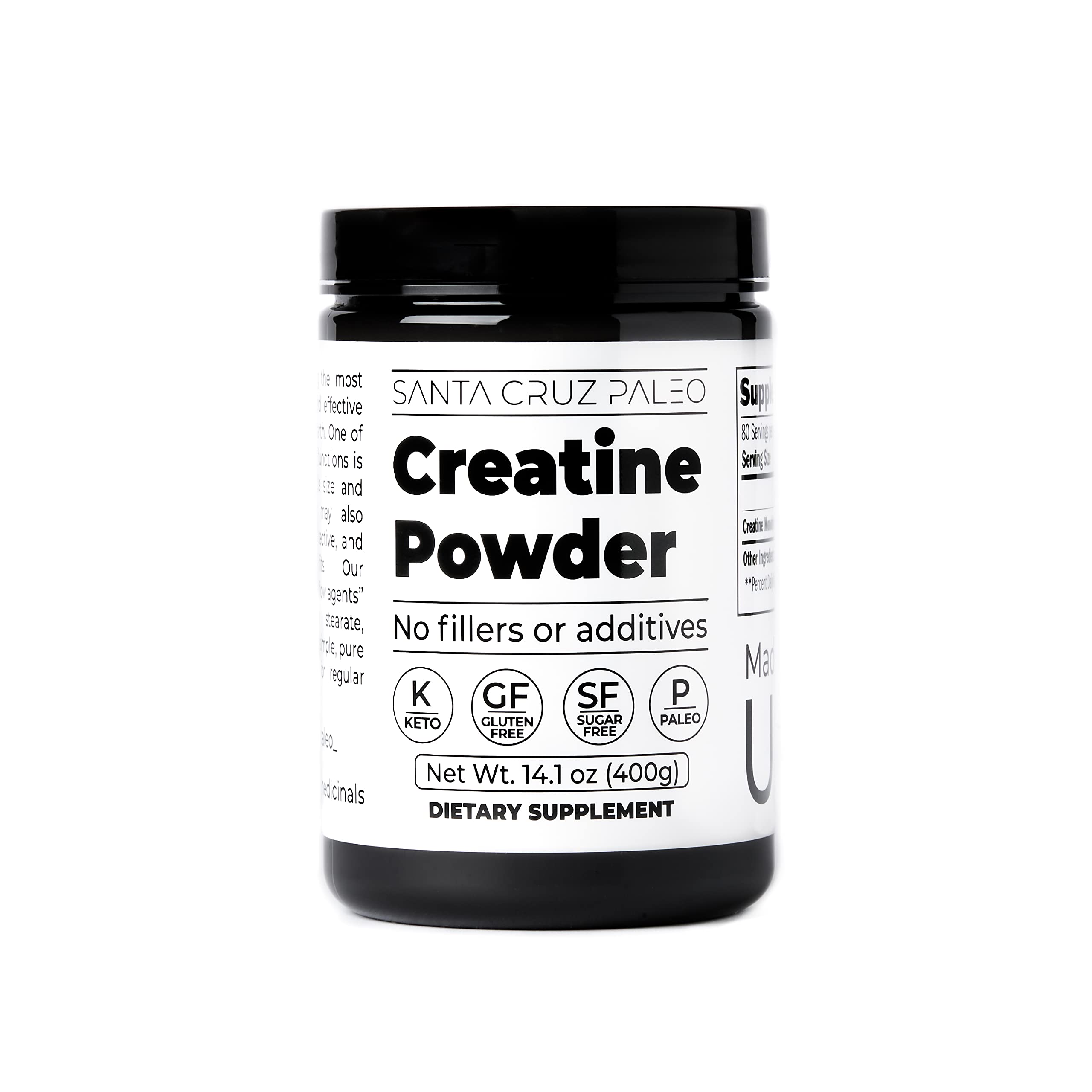 santa cruz paleo creatine powder, supports muscle growth, gluten free, keto, sugar free, paleo, no fillers or additives, creatine monohydrate powder 5g per serving, 100 servings, 400g