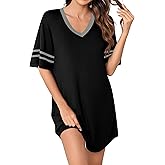 Missufe Women's V Neck Short Sleeve Nightgown Pajama Dress Sleepwear Sleepshirt Loungewear Color Block Nightshirts
