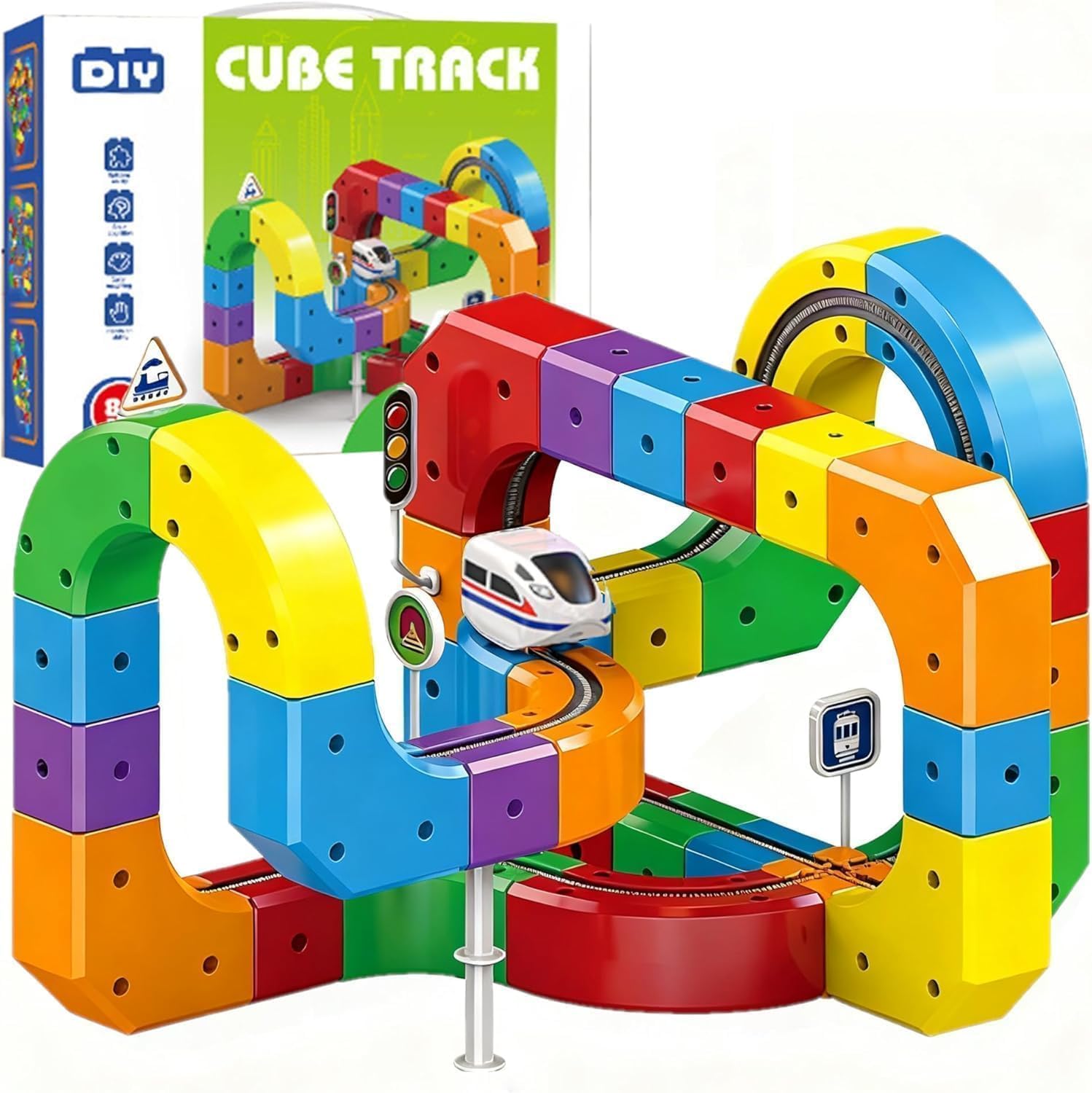 Clickrail electric train set flexible race track 81 piece Pcs, magic rail cube train set cars 3D embedded magnetic anti-gravity DIY STEM building blocks fusion toy gift for kids boys girls