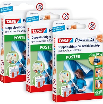 tesa Powerstrips Poster Double-Sided 200 g Holds 60 Pack Clear