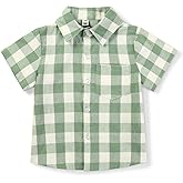 OCHENTA Boys Plaid Shirt Short Sleeve Button Down Kids Summer Casual Buffalo Check Tops 2 Green Tag 130-5 Years