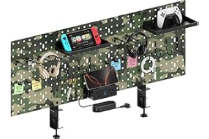 CCCEI Desk Organizer and Storage with Charging Station, Army Green Clamp on Table Pegboard, Gaming Standing Office Supplies Shelf Accessorie, Metal Peg Board Privacy Panels, Gifts for Men, 6FT.