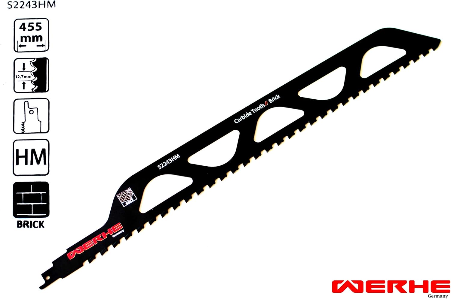 WERHE ® Professional, 1 x Stone Saber Saw Blade, C 455 mm S2243HM Strongest Foxtail Saw Leaf, Perfect to cut wall in brick
