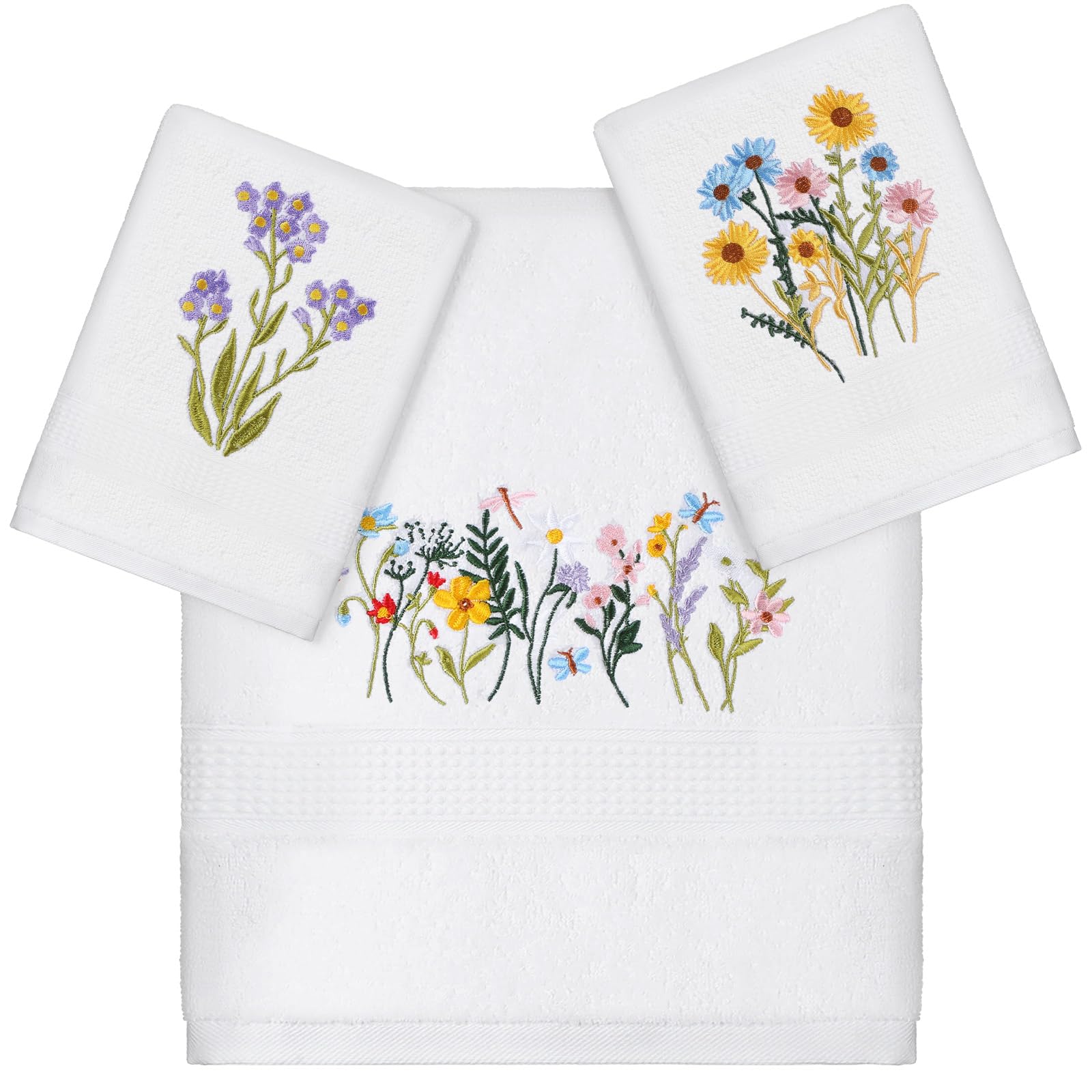 Photo 1 of Moukeren 3 Pcs Spring Wildflower Floral Bathroom Towel Set Farmhouse Decorative Flowers Towel Vintage Embroidered 100% Cotton Bath Highly Absorbent Fingertip Spring Decor for Bathroom