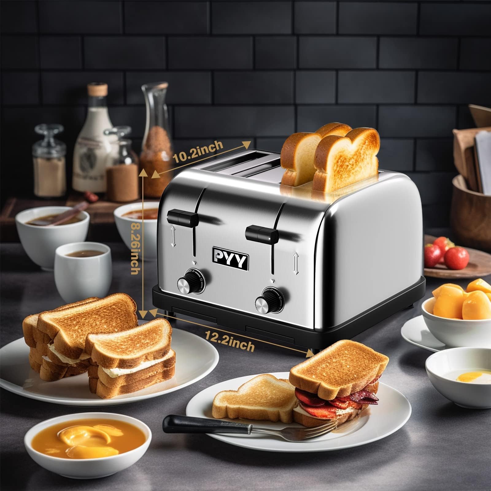 PYY Tostadora Comercial 4 Rebanadas - 225 Rebanadas/Hora Tostadora de Pan Plateada de Acero Inoxidable, 1800 W con Nivel de 6 Velocidades, Controles Dobles y Bandeja para Migas Extraíble, para Familias y Comerciales