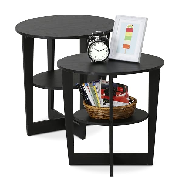 FURINNO JAYA SIDE TABLE SET OF 2, 2-TIER ROUND MODERN END TABLE WITH OVAL TABLETOP, NIGHT STAND, BEDSIDE TABLE WITH OPEN SHELF, FOR LIVING ROOM, BEDROOM, WALNUT