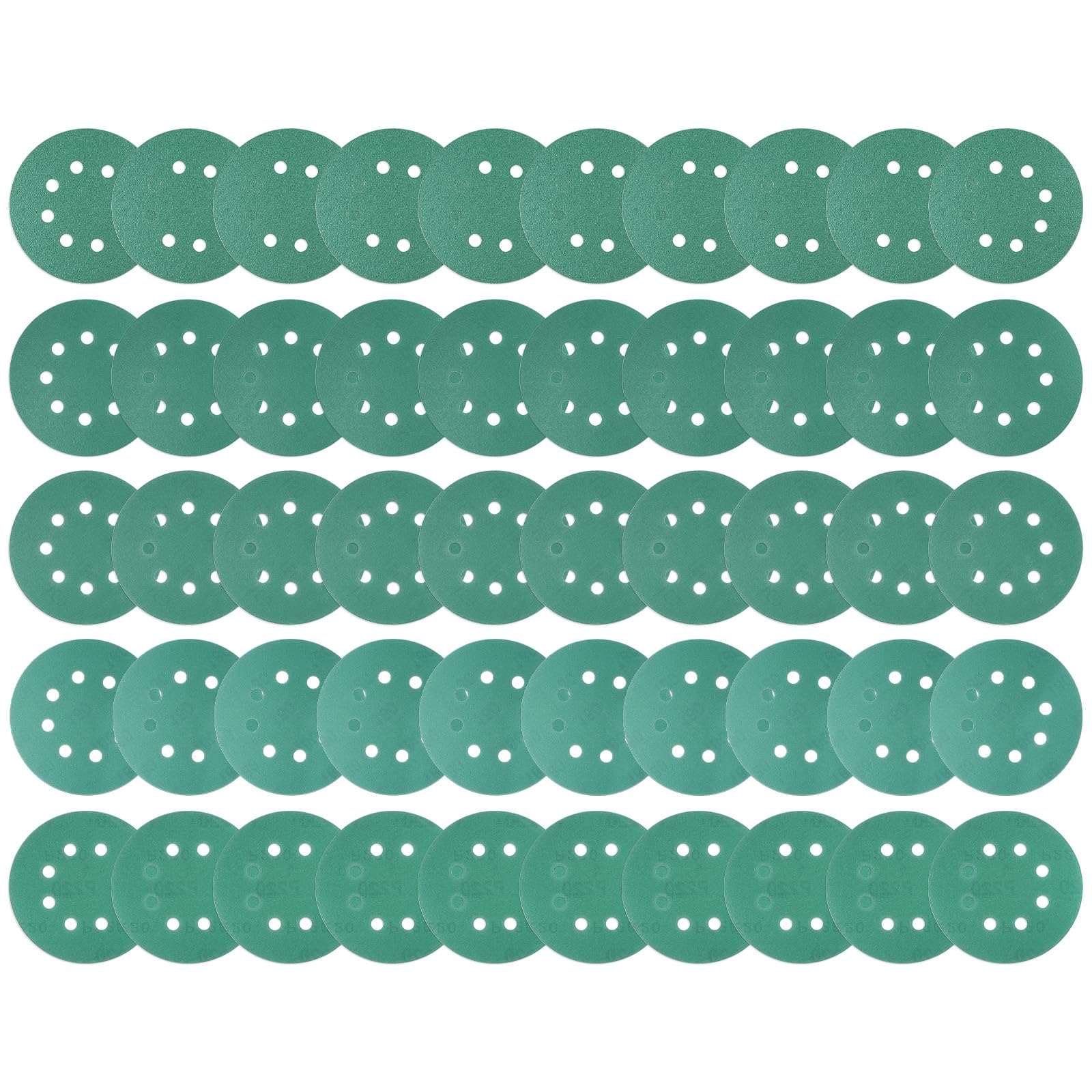 Kozelo 50pcs Green Film Sanding Discs - [5 Inch 80/120/150/180/220 Grits 8 Hole ] Round Aluminum Oxide Hook & Loop Wet Dry Sander Pads for Wood Metal Polishing Use