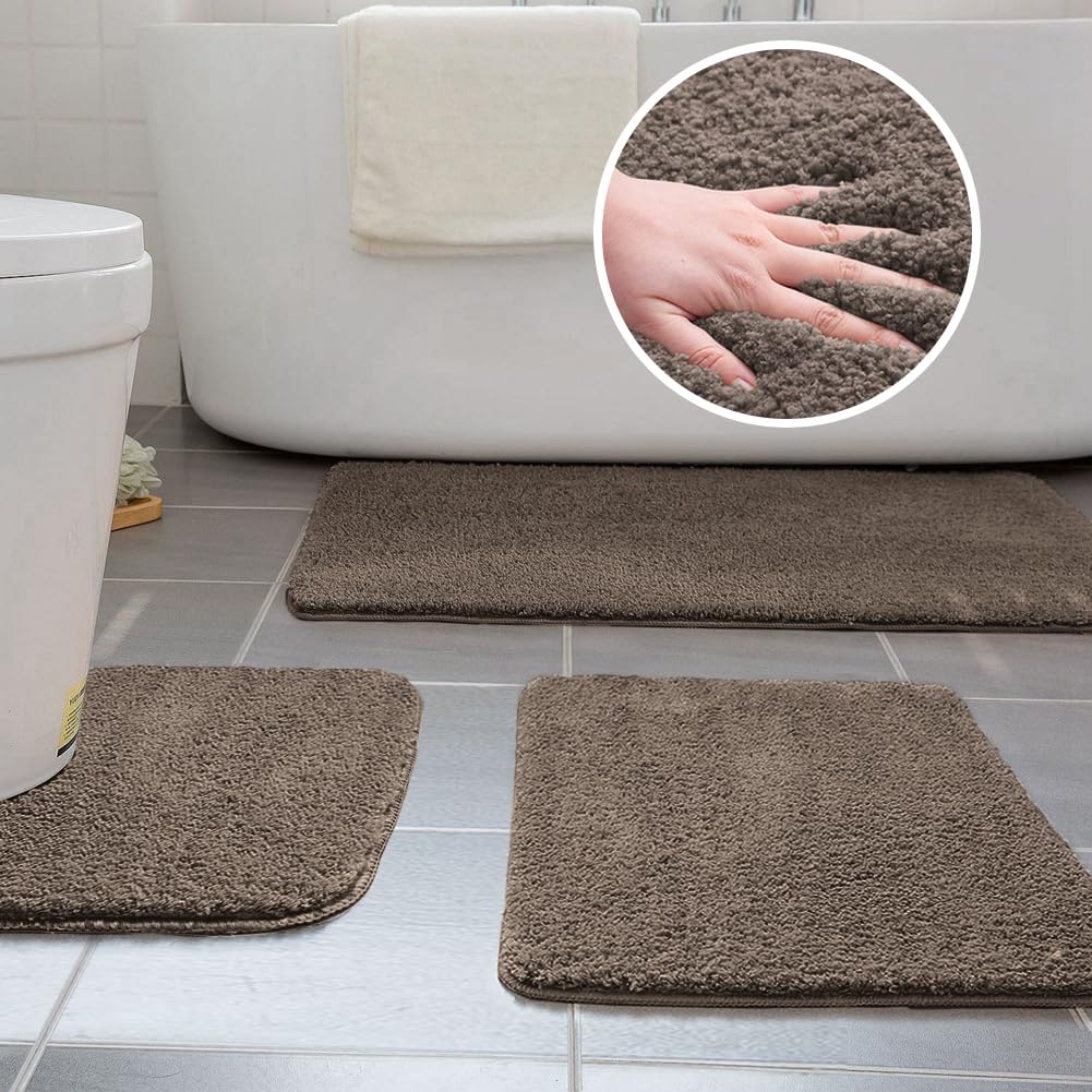 Ceneco Non Slip Bath Mat, Coffee Bathroom Mat Sets 3 Piece,Microfiber Bathroom Rug, Washable Bath Mats Set, Thick U-Shaped Toilet Mat, Bath Shower Mat(Coffee,U40x50_50x60_50x80cm)