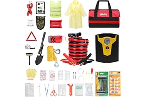 WETBAS Car Roadside Emergency Kit with Jumper Cables, Auto Road Side Safety Kit for Vehicles - with Premium Carry Bag, Portable Air Compressor, Folding Shovel, First Aid Kit