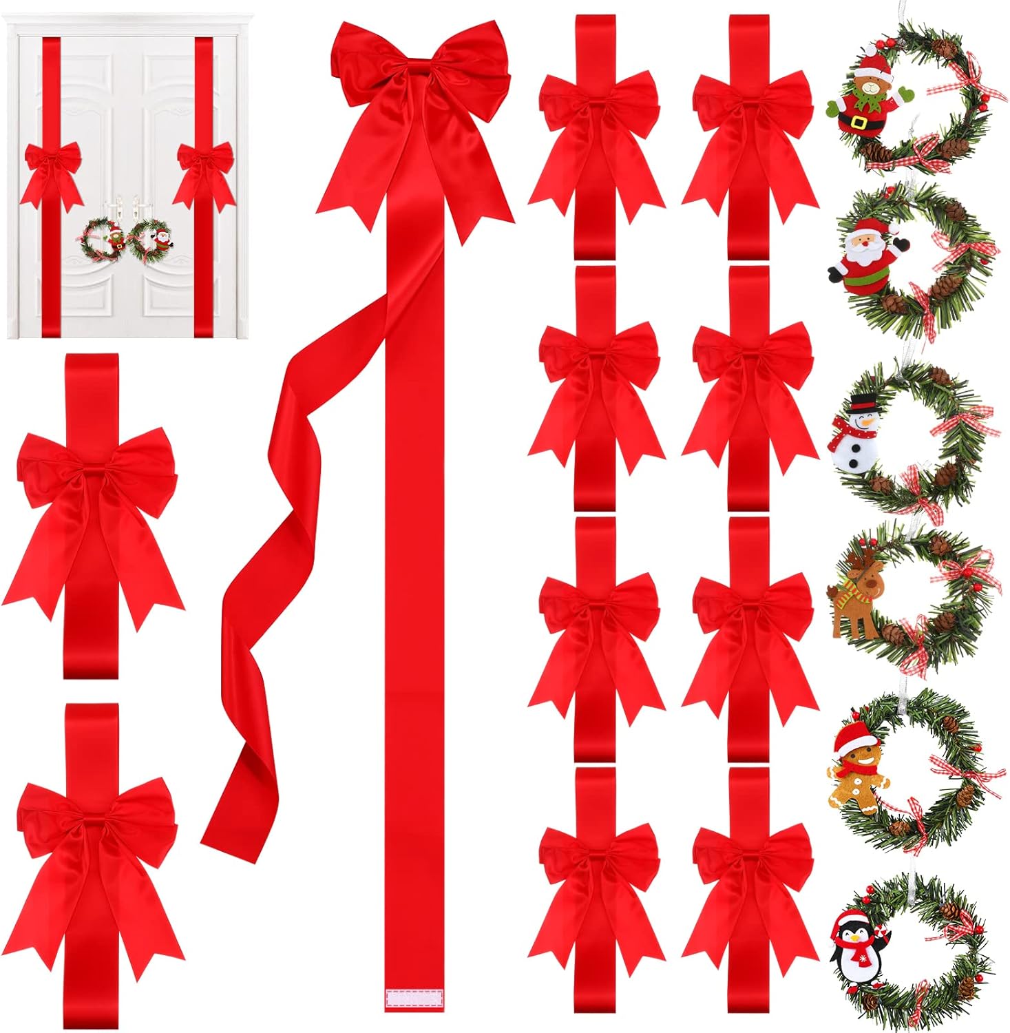 Bows & Ribbons - 18 Pcs Christmas Cabinet Ribbon Bows Festive Large Xmas Bows and Christmas Pine Wreath with Snowman Santa Claus Artificial Christmas Front Door Wreath for Christmas Party, Red