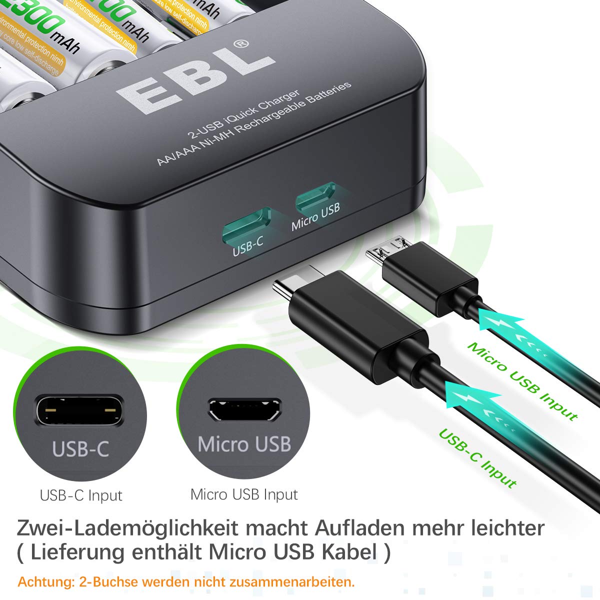 EBL USB Schnell Akku Ladegerät für AA, AAA, NI-MH wierderaufladbare Batterie inkl. 4xMignon AA Akku, 2-USB Port, Schnell Aufladung, tragbar für Unterwegs