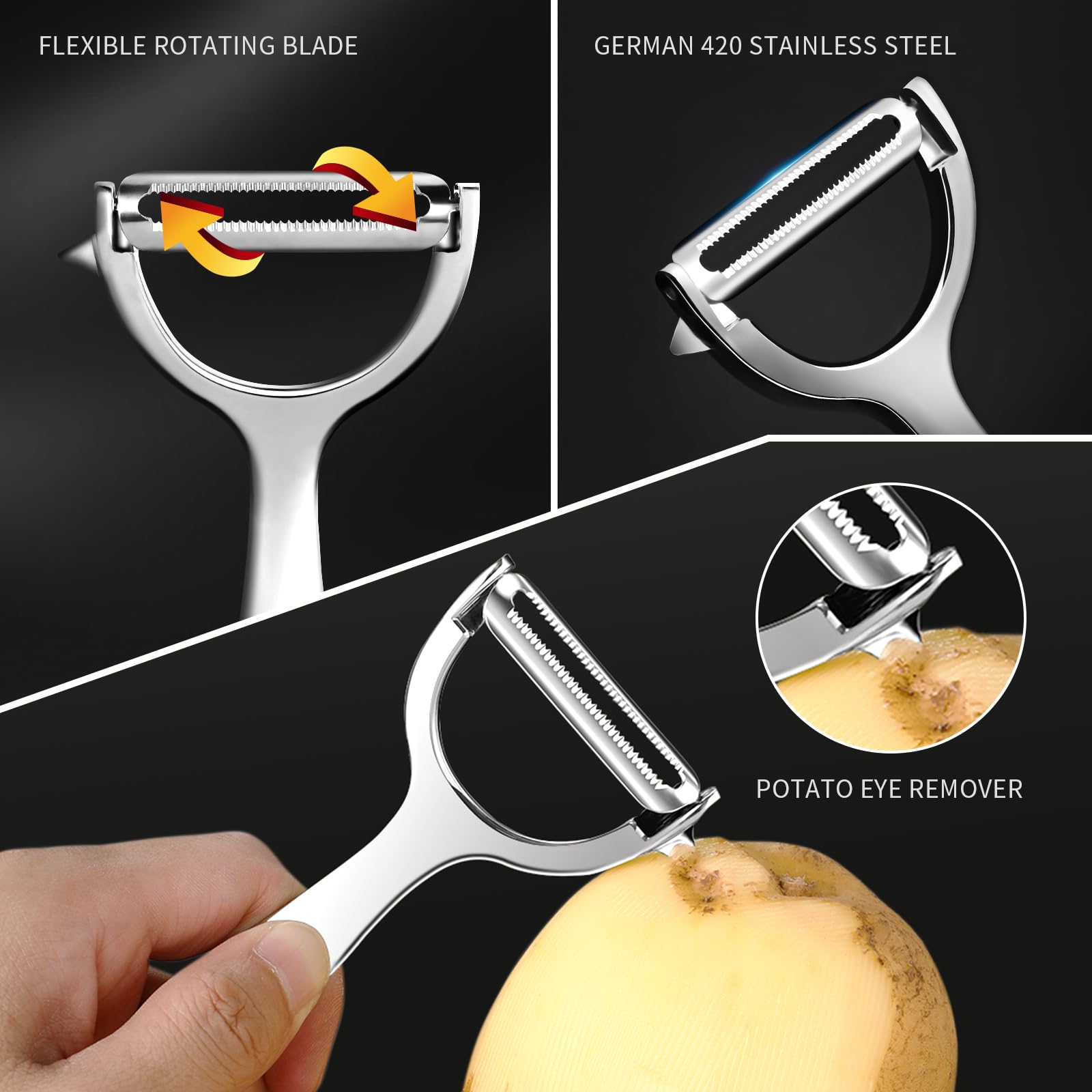 MAD SHARK Ultra Sharp vegetable peelers for kitchen – 10 Years No-Rust Stainless Steel Serrated Potato Peeler Easy to Use Y Peeler with Durable Non-Slip Ergonomic Grips for Carrots, Fruits, Veggie