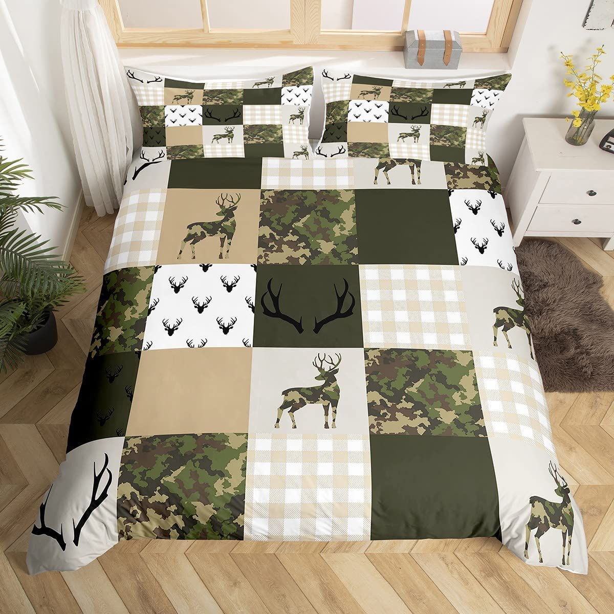 richhome Elk Antler Single Size Duvet Cover Camouflage Green Plaid Checker Bedding Set 2pcs for Kids Teens Adult Farmhouse Style Wild Animals Comforter Cover Soft Quilt Cover Bedroom Decor Bedspread — image 1