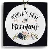 MONALET World's Best Meemaw Ceramic Ornaments Gifts, Grandma Grandmother Round Hanging Ornament Decor Decorations for Christmas Tree Car, Thank You Appreciation Gifts for Meemaw Birthday Holiday
