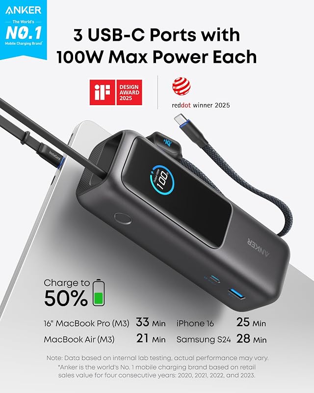 165W 25000mAh Laptop Powerbank mit 70cm ausziehbarem Kabel