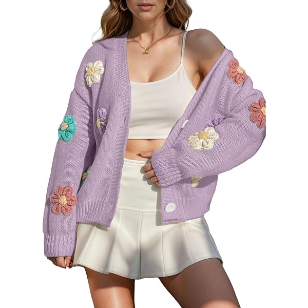 Women's 3D Flowers Embroidered Sweater V-Neck Button Down Y2K