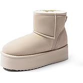 DREAM PAIRS Genuine Suede Classic Platform Boots for Women Water Resistant FuzzyClassic Ankle Winter Snow Low Boots with DIY Bows Faux Fur Lining Memory Foam Anti-Slip