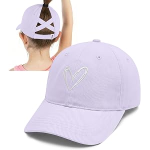 Fkatuzi Girls Cute Heart Criss Cross Ponytail Hat Kids Baseball Hat Embroidered Graphic Adjustable Baseball Cap Cotton