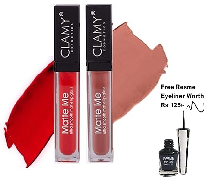 AYA Clamy Matte Me Liquid Lipgloss Lipstick, Red and Brown Nude (Set of 2), With Resme Eyeliner