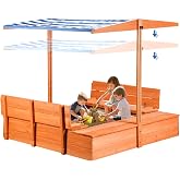 Kids Sandbox with Lid and Canopy, 47" Wooden Sand Box for Kids Ages 3-8 | Outdoor Sandbox, Foldable Bench Seats, Storage Included, Bottom Liner Included