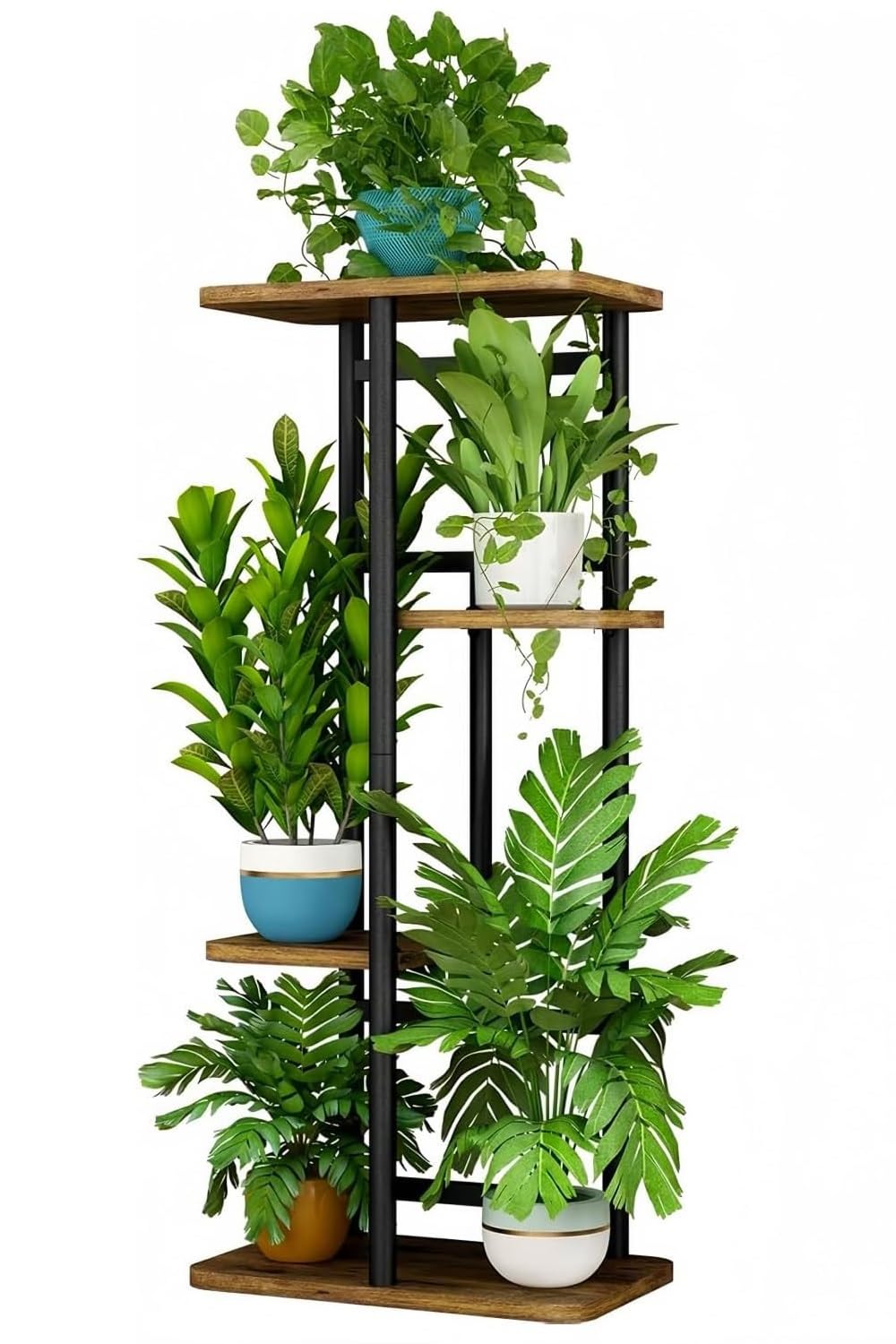 LINZINAR Plant Stand 4 Tier 5 Potted Indoor Plant Shelf Multiple Stands for Garden Corner Balcony Living Room (4 Tier 5 Potted, Black)
