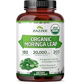 Zazzee USDA Organic Moringa Leaf 20:1 Extract, 180 Vegan Capsules | 3 Month Supply, Certified Kosher, Moringa Oleifera, Antioxidant, Immune &amp; Cellular Support, Superfood Supplement, Made in USA