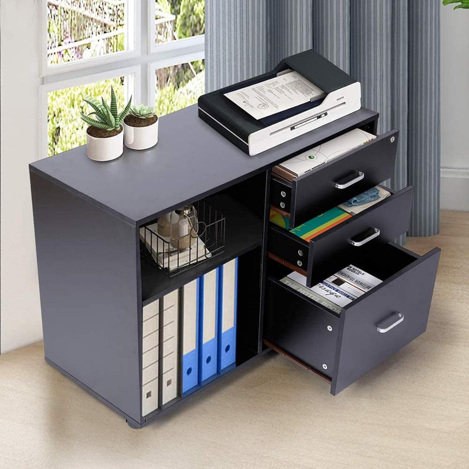 3 Drawer Mobile Lateral Filing Cabinet Tusy File Cabinets With Lock Printer Stand With Open Storage Shelves And Rolling Wheels For Home Office Black Office Products Mobile File Cabinets Sailingschool Pl